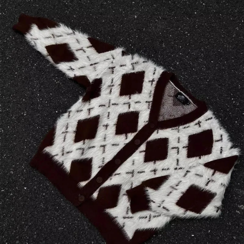 2024 New College Casual Mens Cardigan Autumn Diamond Grid Color Block Street Unisex Knitted Jacket Loose V-neck Sweater Coats Street King Limited