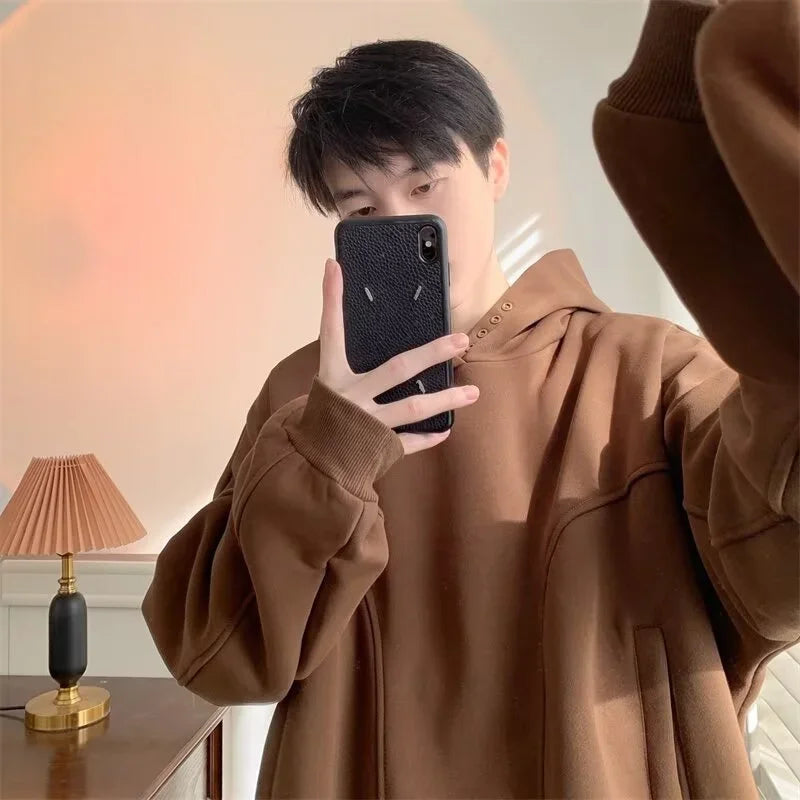 Streetwear Autumn Fleece Button Up Neck Hip Hop Sweatshirts For Men Solid Color O Autumn Fleece Button Up Neck Hip Hop Sweatshirts For Men Solid Color Oversized Y2K Hoodies High Street Fashion Hooded Tracksuit Fashion Sweater Jacket With Graphic Design For Men