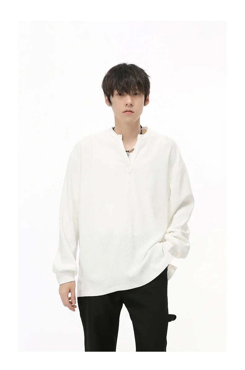 Men's  V-neck Long Sleeve T-Shirt Tops Clothing Autumn Korean Style Lazy Simple Solid Color Casual Pullover Bottoming Shirt Street King Limited