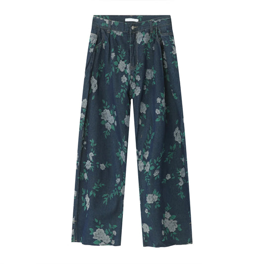 vintage loose jeans for men flower print straight denim pants harajuku streetwear hip hop baagy jeans high street unique jeans style 3333