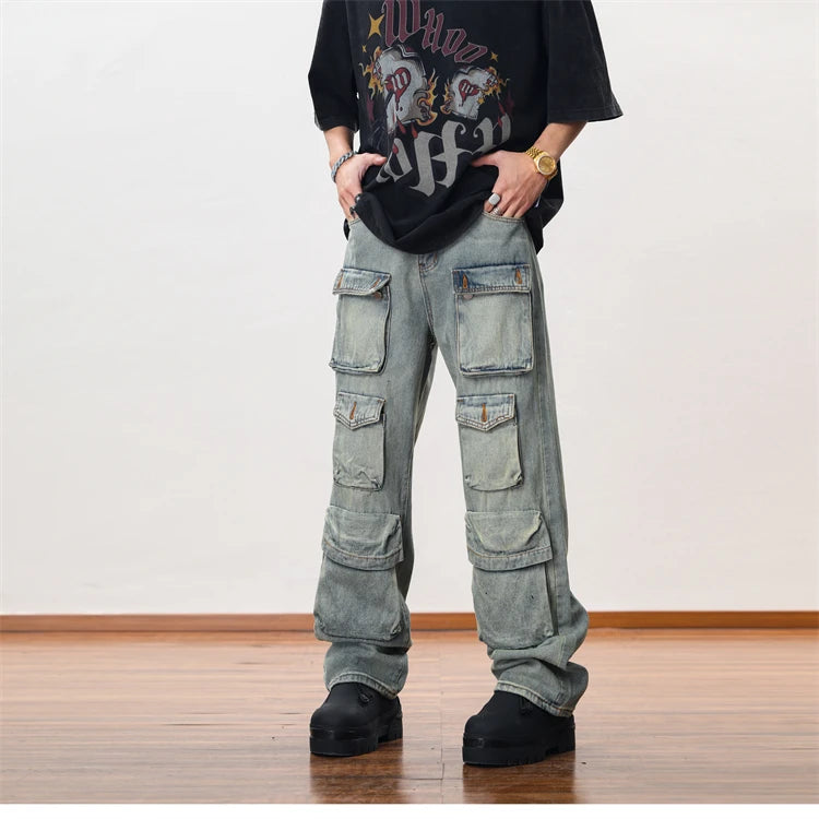 hip hop cargo denim pants streetwear plain denim pants mens harajuku cotton casual joggers jeans loose straight pants trousers unique joggers style 2843