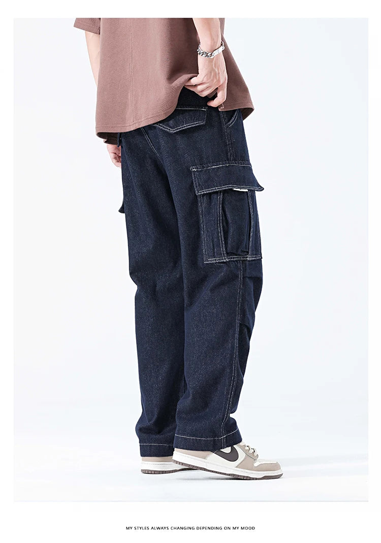 men autumn summer streetwear fashion plus size loose casual straight cargo jeans pant campus boy jeans trousers unique cargo style 2277