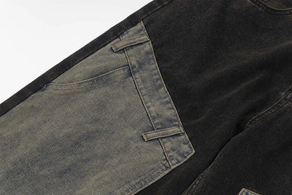 vintage black mens jeans patchwork hip hop baggy jeans man streetwear harajuku loose straight denim pants unique jeans style 4200