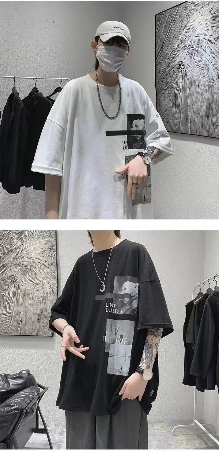 T-shirt men's 2024 summer new Korean style short-sleeved fat man versatile top student trendy T-shirt men clothing y2k tops emo Street King Limited