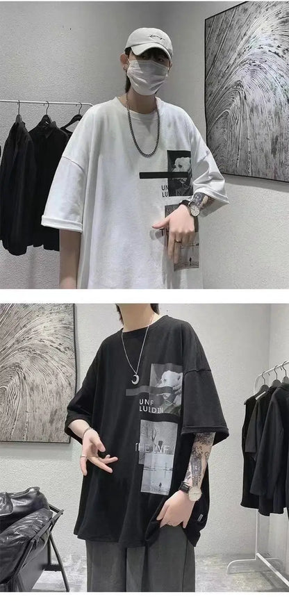 T-shirt men's 2024 summer new Korean style short-sleeved fat man versatile top student trendy T-shirt men clothing y2k tops emo Street King Limited