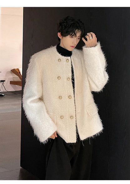 men double breasted french streetwear retro fashion loose casual tassels woolen short jacket man korean coat outerwear unique shorts style 1283