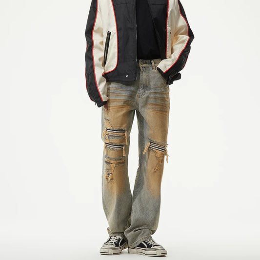 men patch hole distressed plus size denim pant ripped jeans streetwear fashion hip hop vibe loose casual baggy jeans trousers 40 ripped baggy denim