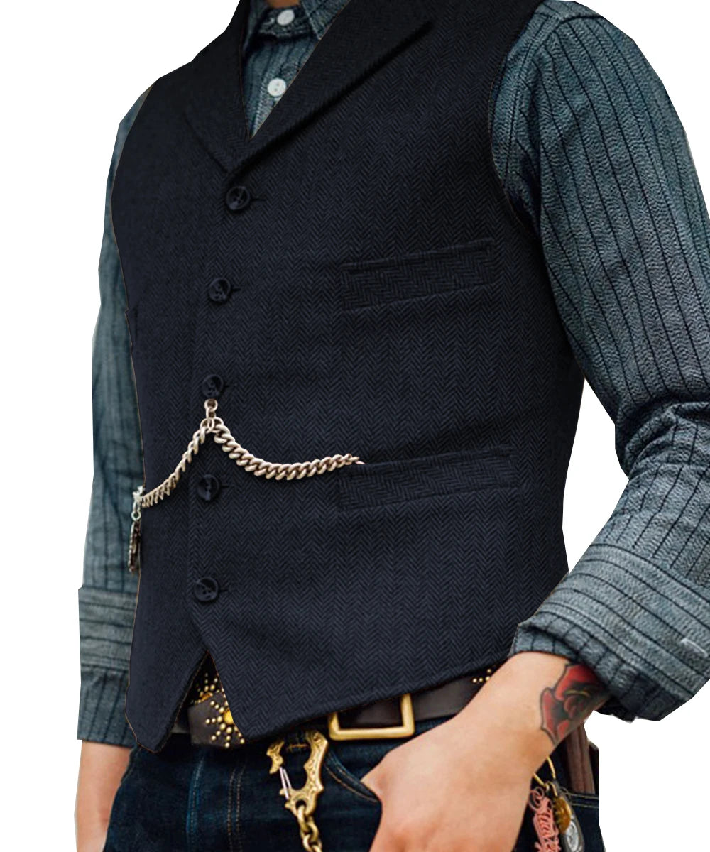 Business Mens Suit Vest Lapel V Neck Wool Herringbone Casual Brown Waistcoat Casual Formal Groomsman Jacket For Wedding Street King Limited
