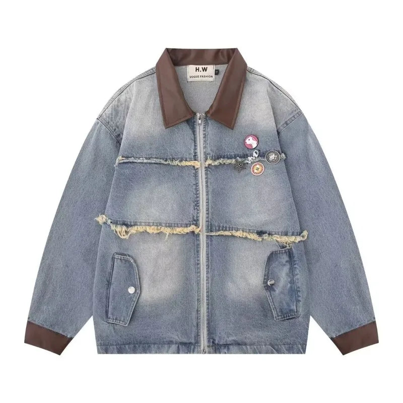 burr edge vintage mens denim jacket spring american patchwork lapel washed cowboy coats loose harajuku couple outwear new unique jeans style 2218