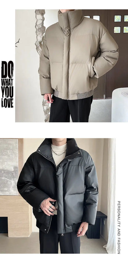 Winter Stand Collar Thicken Leather Short Jacket Men Fashion Loose Casual Warm Cotton-padded PU Leather Bomber Jacket Parka Coat Street King Limited