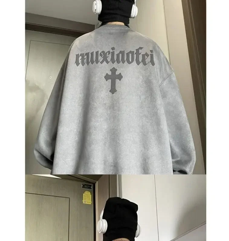 New suede sweatshirt for men in autumn new American high street handsome long sleeved couple tops printed round neck jacket y2k Street King Limited