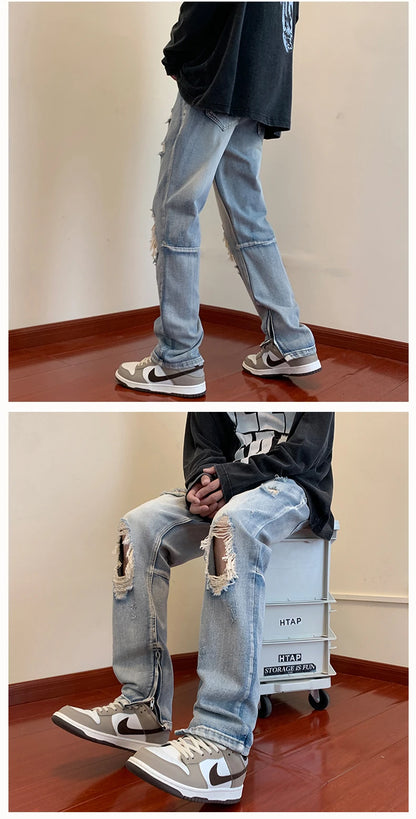 bottom zipper destroyed washed jeans skinny jeans ripped holes trousers men biker jeans fashion streetwear hip hop pants joggers unique joggers style 2012