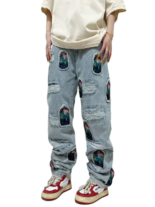 fashion ripped holes patchwork harajuku embroidery denim straight jean pants y2k trouser unisex hip hop streetwear jeans pants urban skinny jeans
