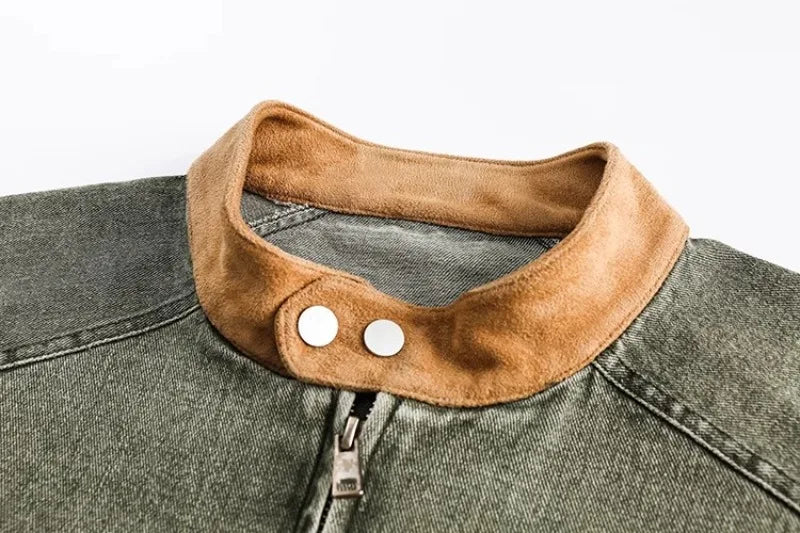 motorcycle hip hop mens cowboy jackets autumn 2024 embroidered washed trend denim coats stand collar color blocking outwear unique jeans style 2772