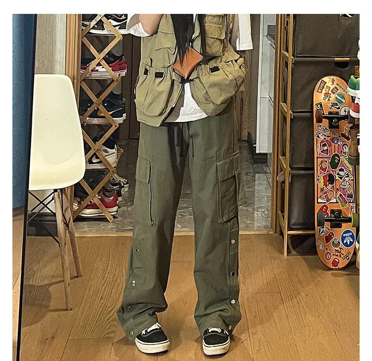 Fashionable Korean style gothic buttoned overalls pants men summer Harajuku street y2k hip hop casual retro sports pants Street King Limited