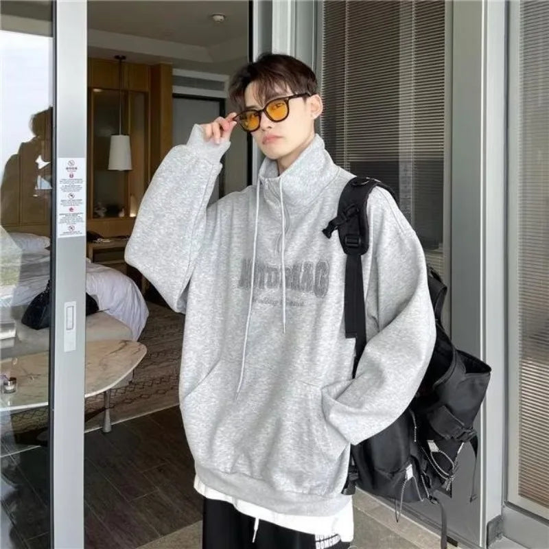 Street Half Zip Hoodie Mens Spring New Vintage Letter Embroidery Loose Sweatshirt Drawstring High Collar Big Pocket Pullover Top Street King Limited