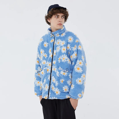 rainbowtouches cotton padded thick parkas jackets streetwear hip hop daisy print fleece warm full zip coats harajuku outwear menswear bottoms