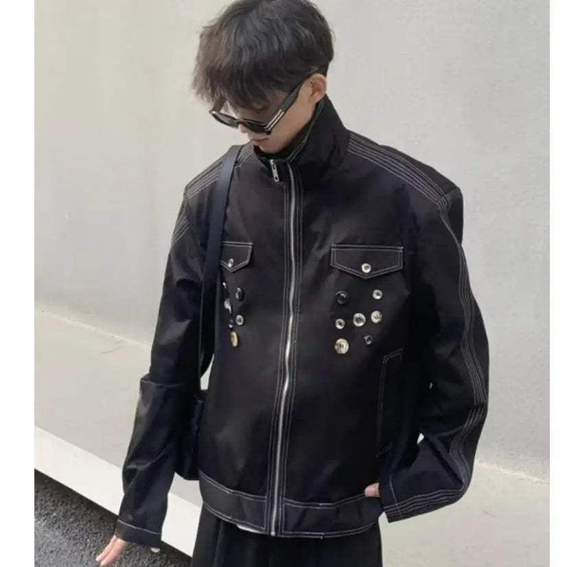 spring retro irregular button mens jacket shoulder pad design trend high street coats motorcycle fashion stand collar outwear unique default style 3869