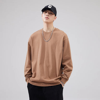 Cotton Long-Sleeved T-Shirt Men's Spring And Autumn Basic Solid Color Inner Loose Sweatshirt Men's White Bottoming Shirt Street King Limited