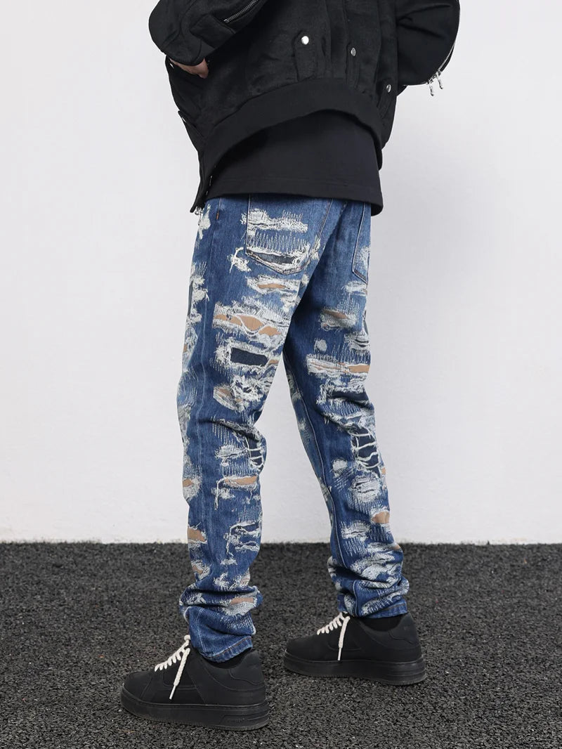 retro washed 3d printed fake distressed jeans hip hop denim pants streetwear jean pants mens harajuku cotton trousers joggers sporty tapered joggers