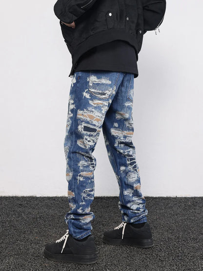 retro washed 3d printed fake distressed jeans hip hop denim pants streetwear jean pants mens harajuku cotton trousers joggers sporty tapered joggers