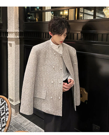 men double breasted french retro loose casual woolen short jacket man korean streetwear show fashion coat autumn outerwear unique shorts style 1325