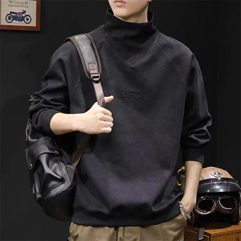 Autumn Suede Turtleneck Long Sleeve Sweatshirts Men Letter Foam Print Patchwork Crewneck Pullover Hoodie Y2K Streetwear Clothes Street King Limited