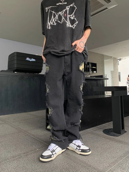 side destroyed ripped holes denim jeans pants mens casual patchwork camouflage loose straight joggers hip hop streetwear jeans unique joggers style 3071
