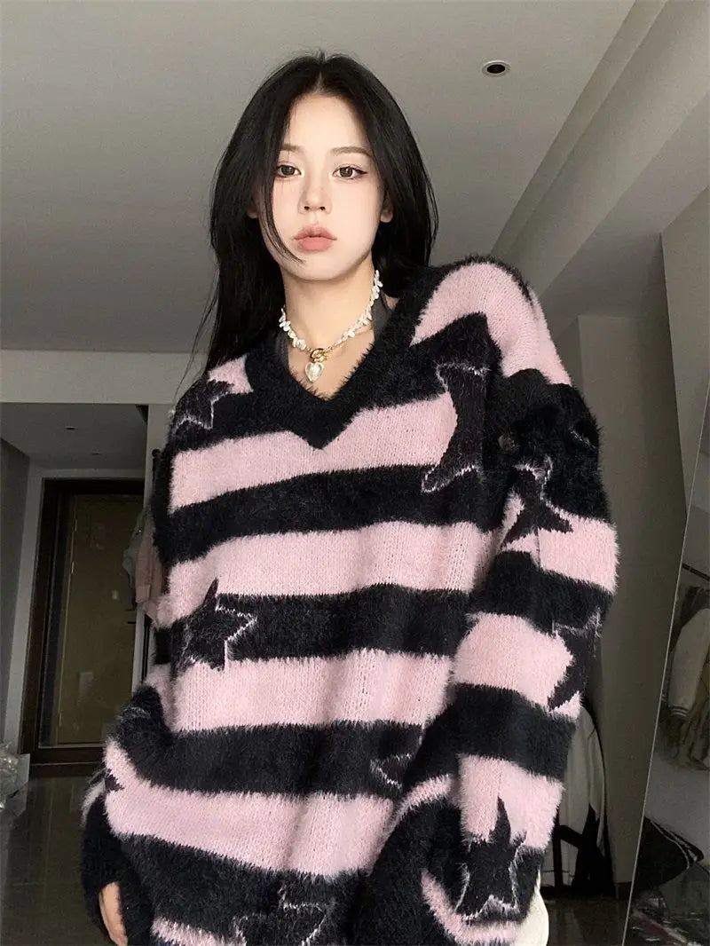 Punk Gothic Long Sweater Women Furry Knitted Sweaters Y2K Streetwear Loose Hollow Out Detachable Pullovers Harajuku Sexy Tops Street King Limited