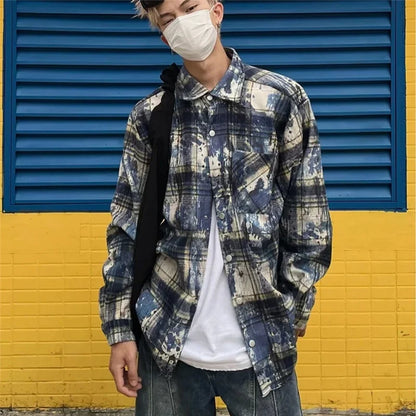 Streetwear Autumn Mens Ink Tie Dye Plaid Long Sleeve Shirt Korean Fashion Vintage Autumn Mens Ink Tie Dye Plaid Long Sleeve Shirt Korean Fashion Vintage Button T Shirts Y2K Streetwear Social Shirt Jackets Fashion Sweater Jacket With Graphic Design For Men