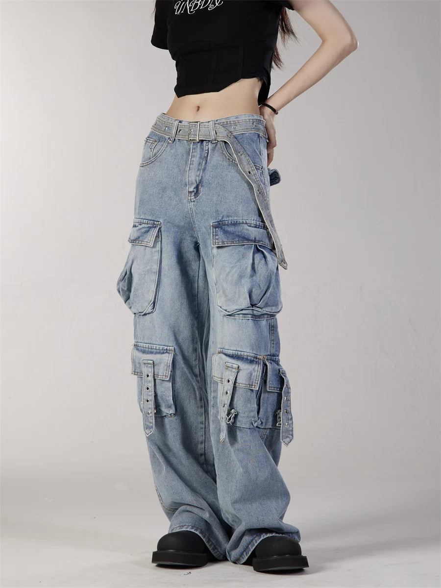 fashion loose streetwear cargo denim jeans unisex casual multi pocket straight jean pants with belt hip hop joggers baggy jeans unique joggers style 2693