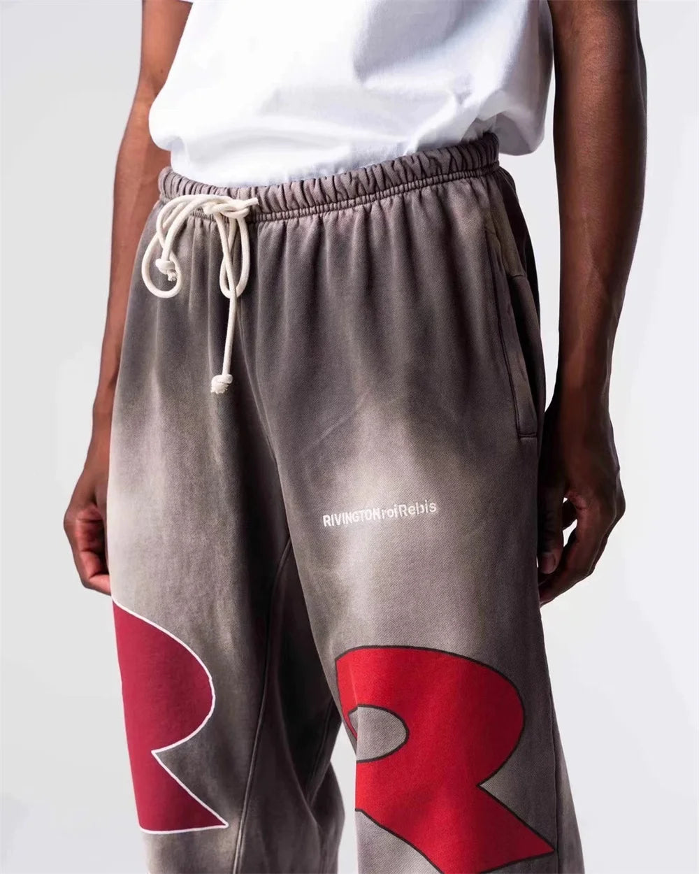 RRR123 24FW Sunshine Wash Brown Flower Grey Loose Drawstring Feet Guard Pants Street King Limited