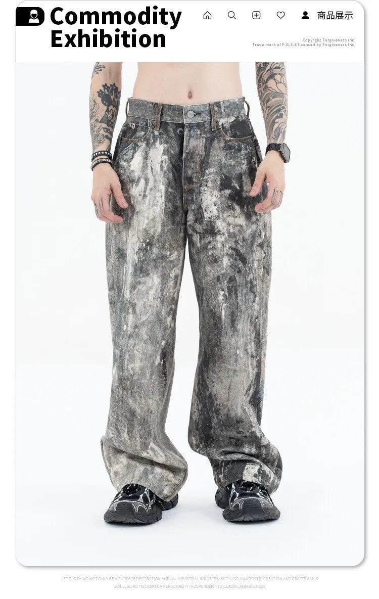 Autumn and winter 2024 new digital printed camo splash ink baggy jeans Street King Limited