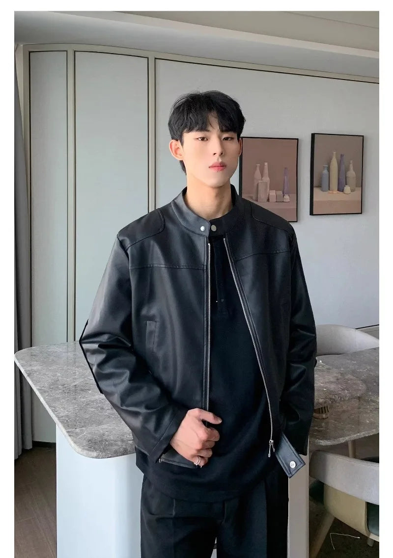 retro american street leather jacket mens autumn 2024 motorcycle standing collar trendy short coat zipper loose bomber outwear unique shorts style 2659