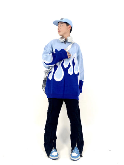 Hip Hop Fire Knitted Oversized Sweater Men Autumn Winter O-neck Long Sleeve Pullover Streetwear New Loose Tops Sweaters Clothing Street King Limited