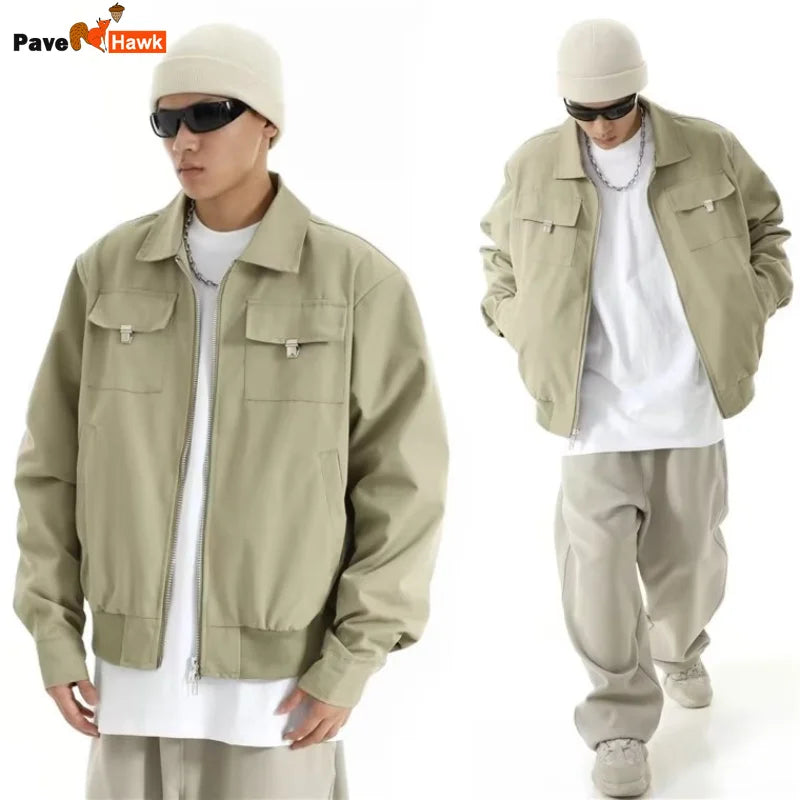high street tooling bomber jacket mens spring retro double pocket loose short pilot coats lapel zipper khaki baseball jersey techwear shorts