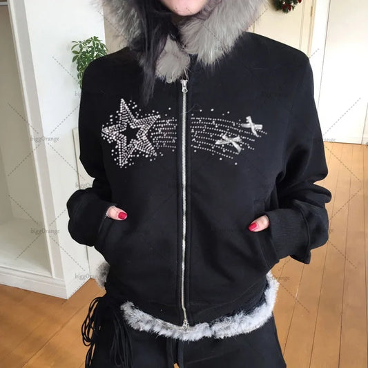 Gothic Punk Retro Fur Collar Zipper Hoodie Y2K Harajuku Vintage Trendy Brand Streetwear Sweatshirt Winter Clothing Women Jacket Street King Limited