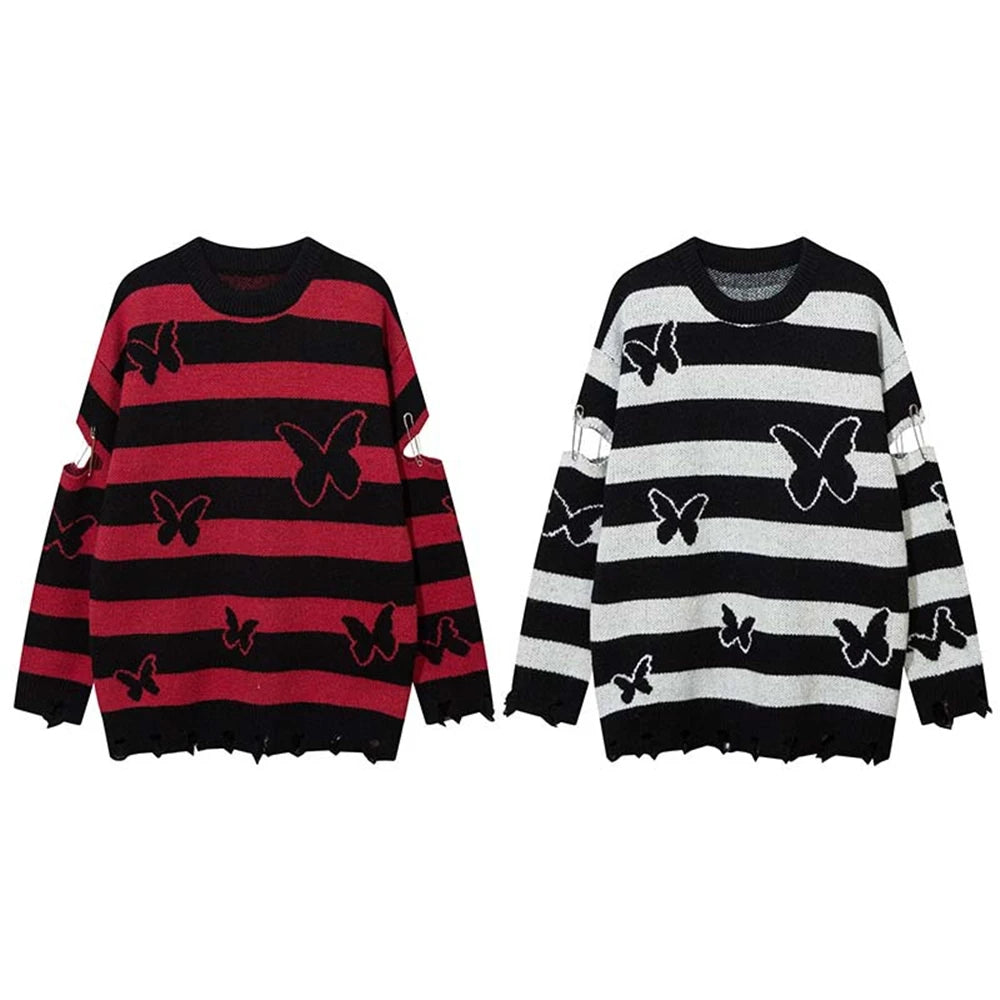 2023 Hip Hop Striped Knitted Sweater Streetwear Butterfly Graphic Distressed Ripped Pullover Men Harajuku Casual Knitwear Unisex Street King Limited