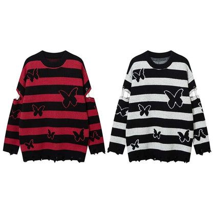 2023 Hip Hop Striped Knitted Sweater Streetwear Butterfly Graphic Distressed Ripped Pullover Men Harajuku Casual Knitwear Unisex Street King Limited