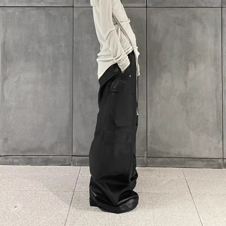 ro style matte pu leather pants for men high street y2k pantalones hombre baggy overall wide leg drawstring cargo pants unique cargo style 5469