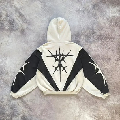Y2k Patch Design Loose Zip Hoodies for men Geometric Pattern Splicing Sweatshirt Gothic Streetwear Oversized Casual Men Clothing Street King Limited