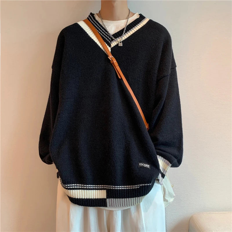 Pullovers Men Sweater Patchwork Ins Fashion Winter Design Couple V-neck Harajuku Knitwear Loose Students Simple Ropa Para Hombre Street King Limited