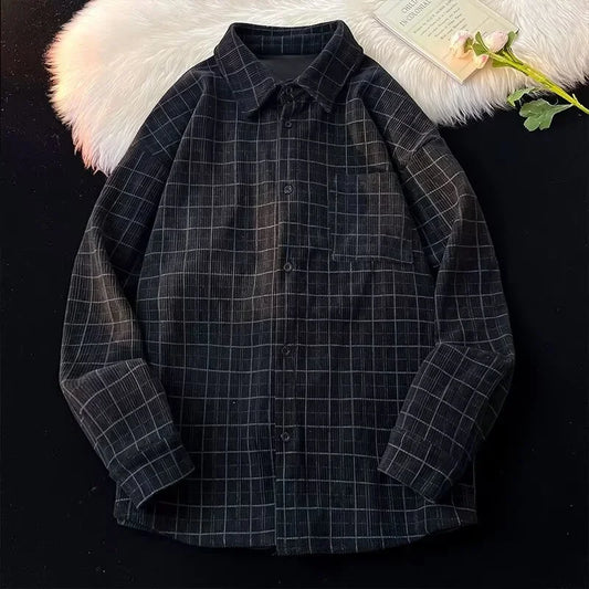 Streetwear Autumn Long Sleeve Corduroy Plaid Shirt Mens High Street Retro Casual Autumn Long Sleeve Corduroy Plaid Shirt Mens High Street Retro Casual Social Blouses Korean Fashion Loose Y2K Tee Shirts Fashion Sweater Jacket With Graphic Design For Men