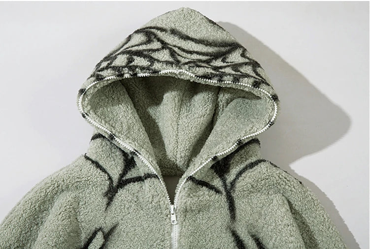 mens harajuku spider graffiti fleece jackets and coats hairy zipper hooded outerwear warm streetwear parkas loose bomber jacket unique default style 4072