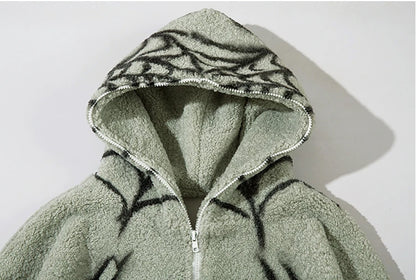 mens harajuku spider graffiti fleece jackets and coats hairy zipper hooded outerwear warm streetwear parkas loose bomber jacket unique default style 4072