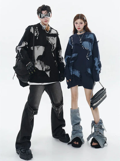 Mens Knitted Sweater Fashion Tassel Irregular Block Pullovers Casual O-neck Unisex Harajuku Y2k Streetwear Loose Knit Jumpers Street King Limited