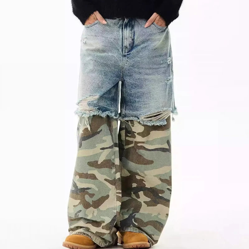 Camouflage Patchwork Jeans Mens Fake Two Items Street Punk Unisex Denim Pants Multiple Pockets Blue Size S-3XL Cowboy Trousers Street King Limited