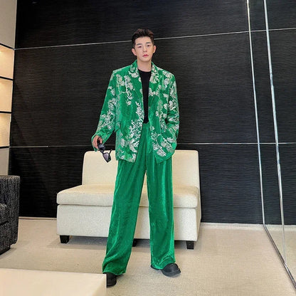 men sequin embroidery velvet loose casual 2 pieces suits blazers jacket pant sets stage party dress suits performance costumes clean everyday pants