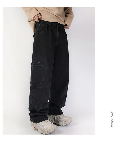 men american streetwear fashion loose casual hip hop wide leg black denim baggy jeans pants man y2k cargo jeans trousers unique cargo style 2227