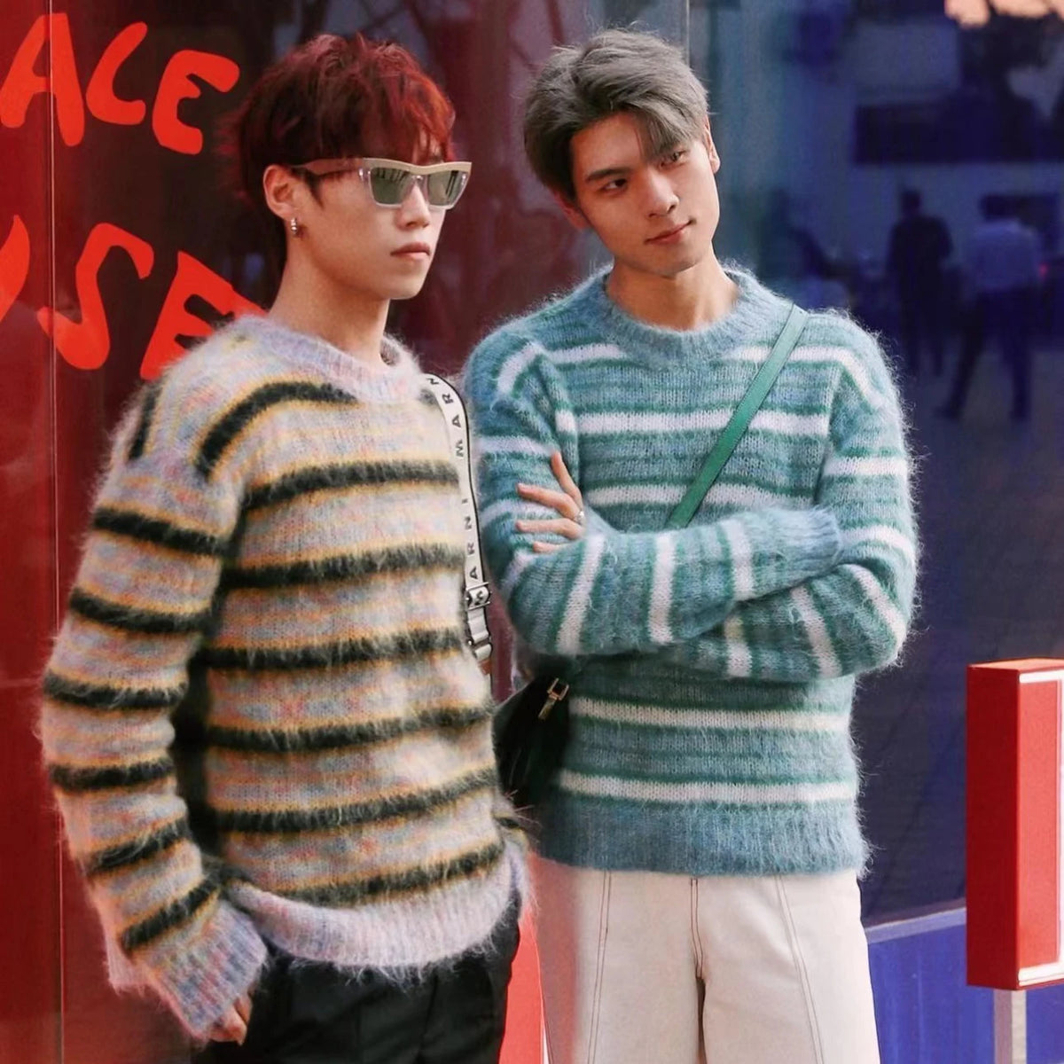 Korean Fashion Striped Patchwork Mohair Knitted Sweaters Retro Mens Oversized Knitwears Y2k Harajuku Female Round Neck Sweaters Street King Limited